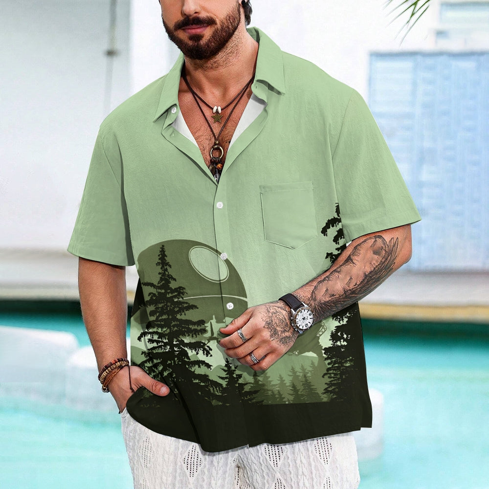 Green Mysterious Technology Base Deep In The Forest Printed Chest Pocket Short-Sleeved Shirt 2402000123