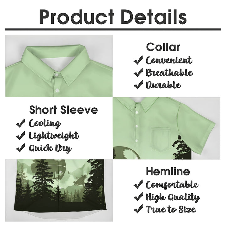 Green Mysterious Technology Base Deep In The Forest Printed Chest Pocket Short-Sleeved Shirt 2402000123