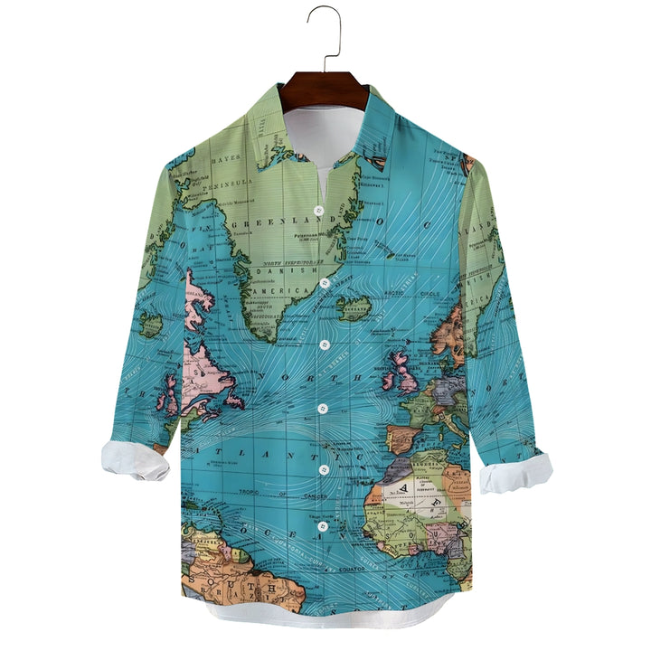 Men's Casual Map Print Long Sleeve Shirt 2307101635