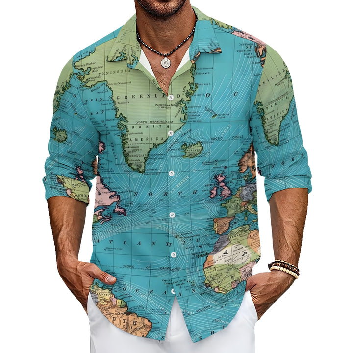 Men's Casual Map Print Long Sleeve Shirt 2307101635