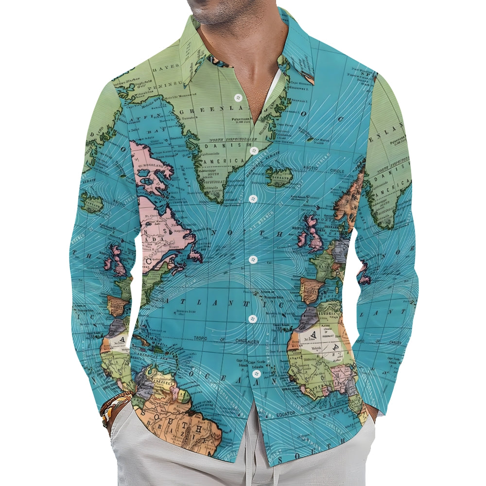 Men's Casual Map Print Long Sleeve Shirt 2307101635