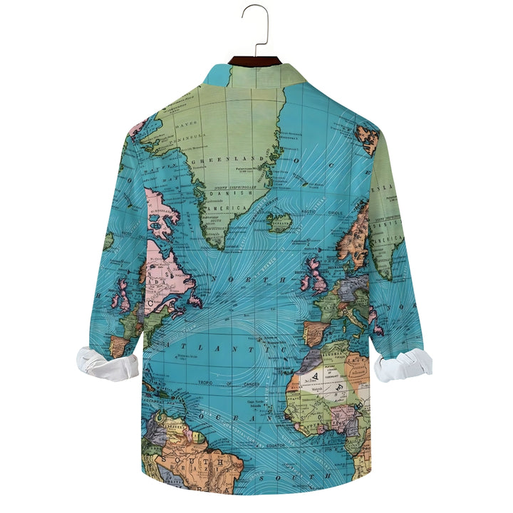 Men's Casual Map Print Long Sleeve Shirt 2307101635