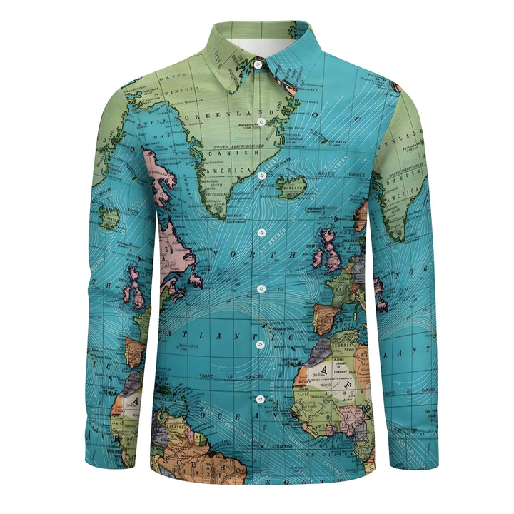 Men's Casual Map Print Long Sleeve Shirt 2307101635
