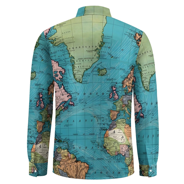 Men's Casual Map Print Long Sleeve Shirt 2307101635