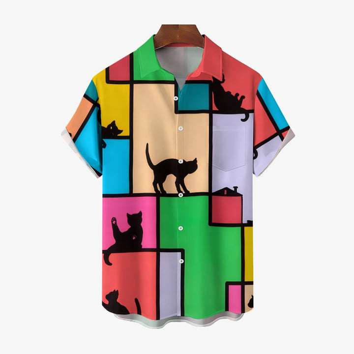 Men's Color Block Cat Print Pocket Shirt 2405001962