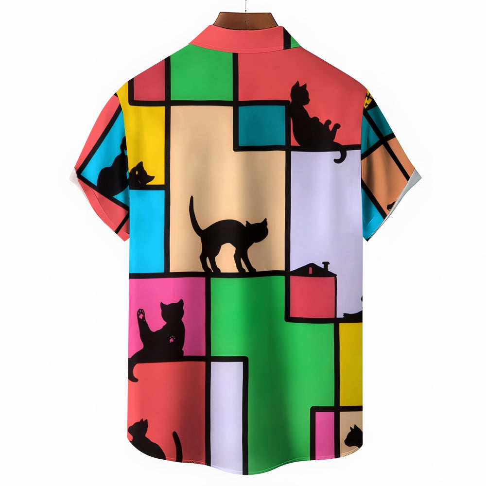 Men's Color Block Cat Print Pocket Shirt 2405001962