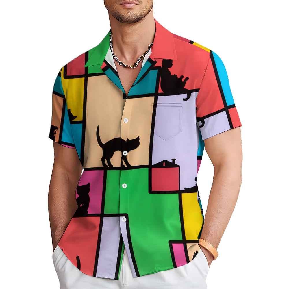 Men's Color Block Cat Print Pocket Shirt 2405001962