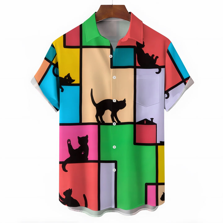 Men's Color Block Cat Print Pocket Shirt 2405001962