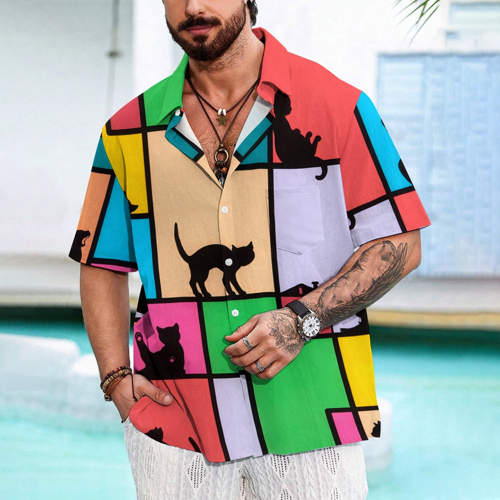 Men's Color Block Cat Print Pocket Shirt 2405001962