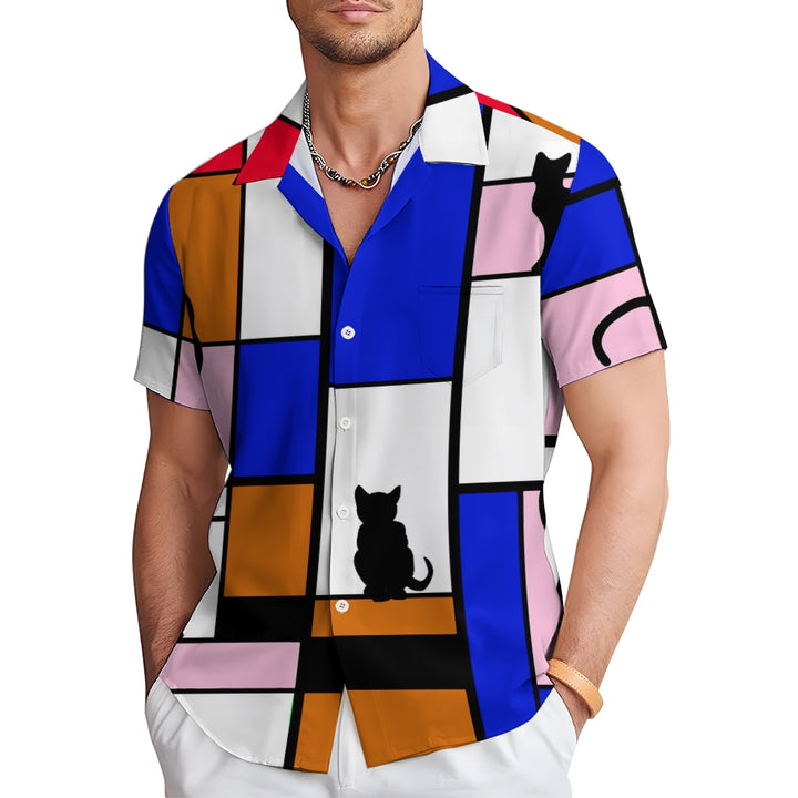 Men's Color Block Cat Print Pocket Shirt 2405001962