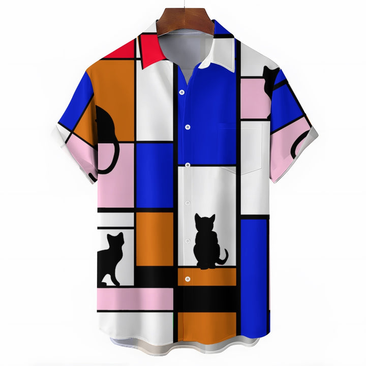 Men's Color Block Cat Print Pocket Shirt 2405001962