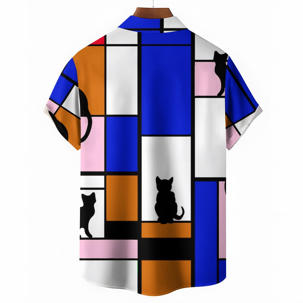 Men's Color Block Cat Print Pocket Shirt 2405001962