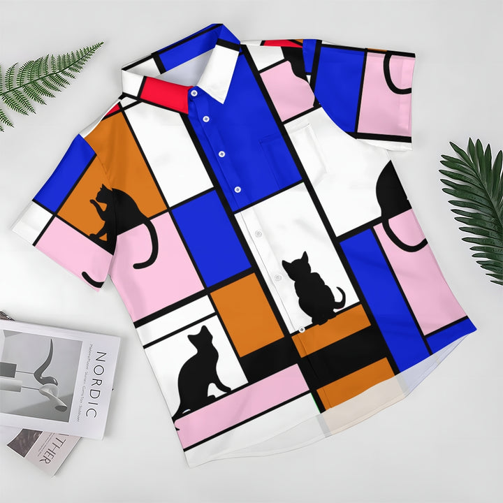 Men's Color Block Cat Print Pocket Shirt 2405001962