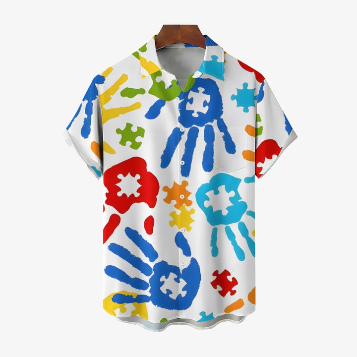 Men's Handprint Puzzle Casual Short Sleeve Shirt 2312000323