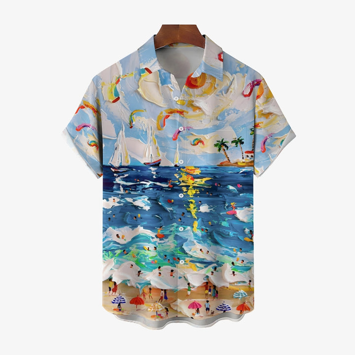 Men's Oil Painting Beach Art Print Hawaiian Casual Short Sleeve Shirt 2405002082