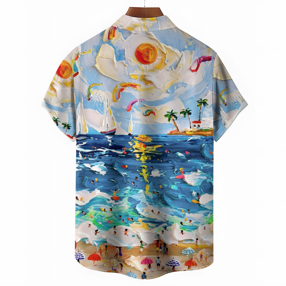 Men's Oil Painting Beach Art Print Hawaiian Casual Short Sleeve Shirt 2405002082