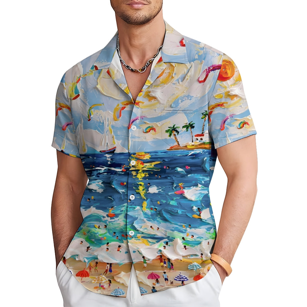 Men's Oil Painting Beach Art Print Hawaiian Casual Short Sleeve Shirt 2405002082