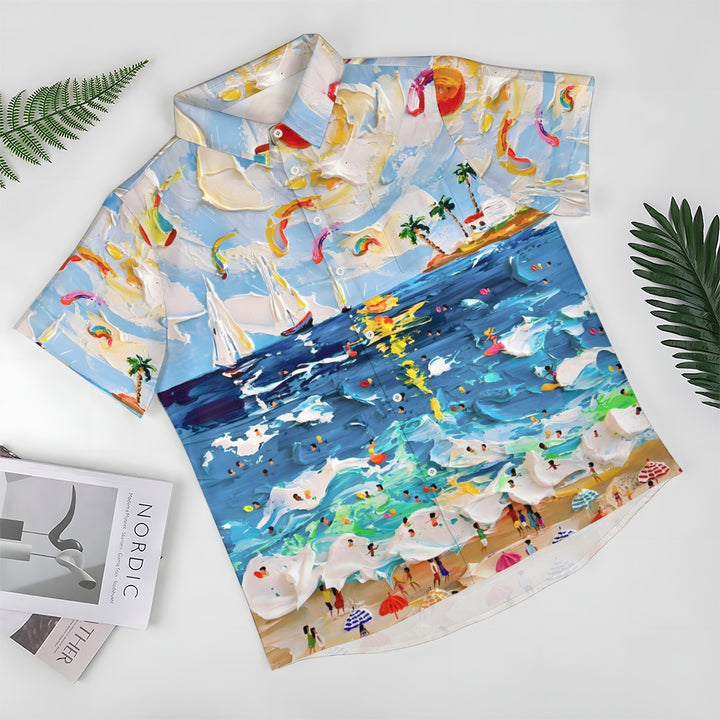 Men's Oil Painting Beach Art Print Hawaiian Casual Short Sleeve Shirt 2405002082