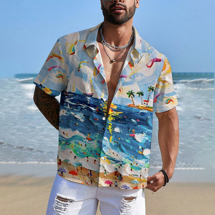 Men's Oil Painting Beach Art Print Hawaiian Casual Short Sleeve Shirt 2405002082