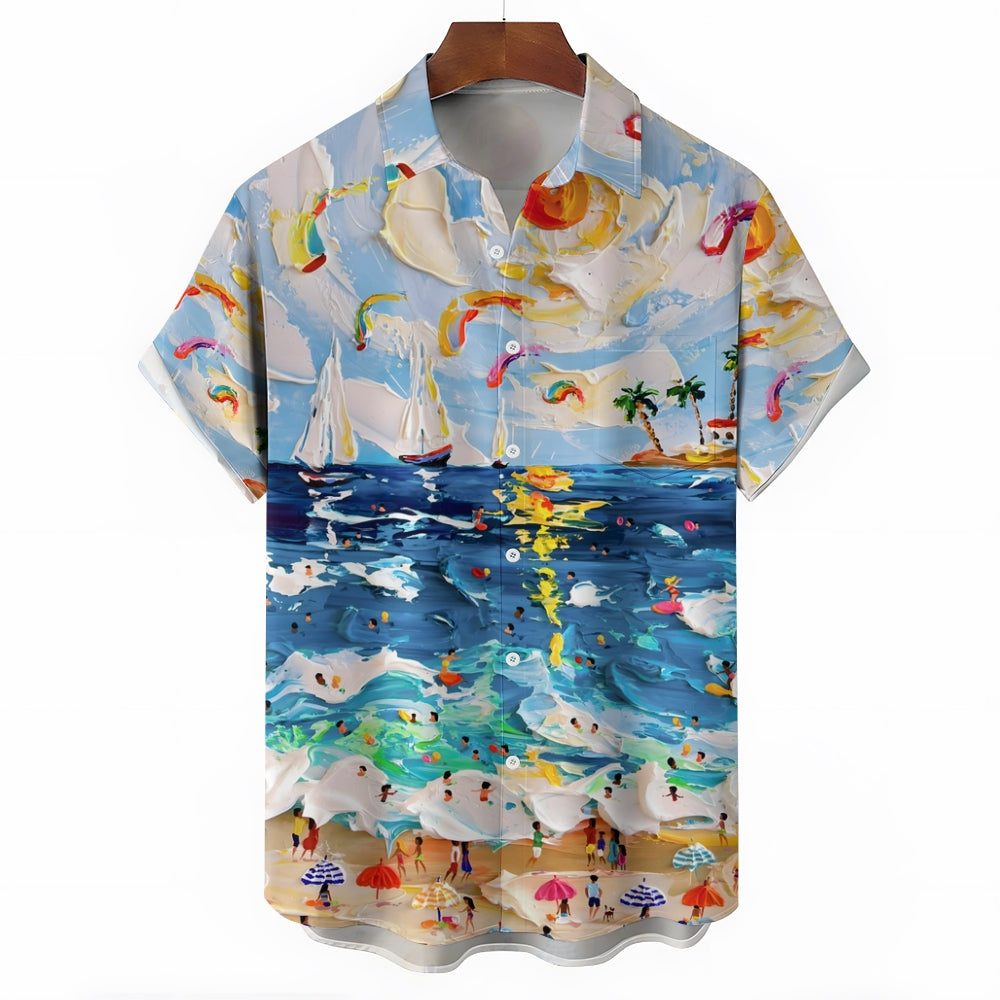 Men's Oil Painting Beach Art Print Hawaiian Casual Short Sleeve Shirt 2405002082