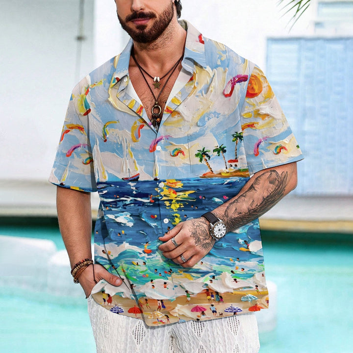 Men's Oil Painting Beach Art Print Hawaiian Casual Short Sleeve Shirt 2405002082