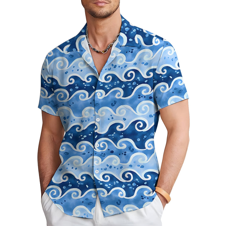 Vintage Japanese Wavy Blue Men's Art Shirt Ukiyoe Casual Short Sleeve Shirt 2402000119