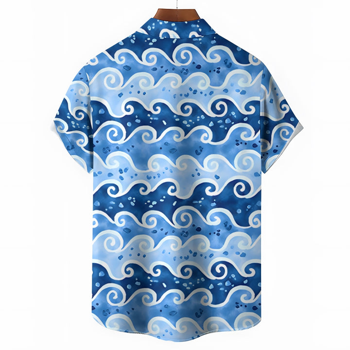 Vintage Japanese Wavy Blue Men's Art Shirt Ukiyoe Casual Short Sleeve Shirt 2402000119