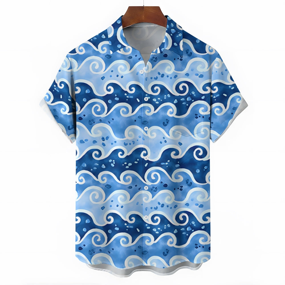 Vintage Japanese Wavy Blue Men's Art Shirt Ukiyoe Casual Short Sleeve Shirt 2402000119