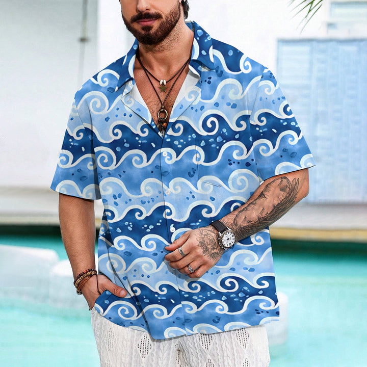 Vintage Japanese Wavy Blue Men's Art Shirt Ukiyoe Casual Short Sleeve Shirt 2402000119