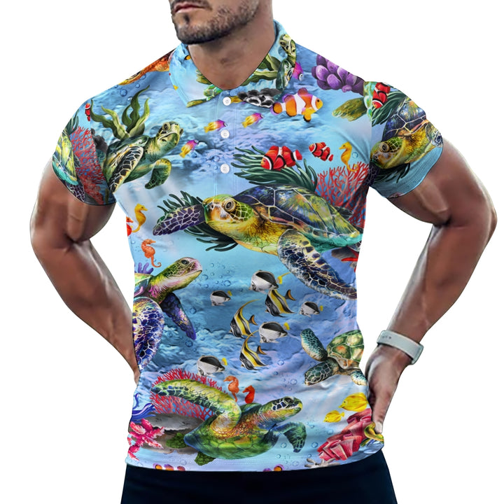 Men's Button-Down Short Sleeve Undersea World Turtle Print Polo Shirt 2312000267