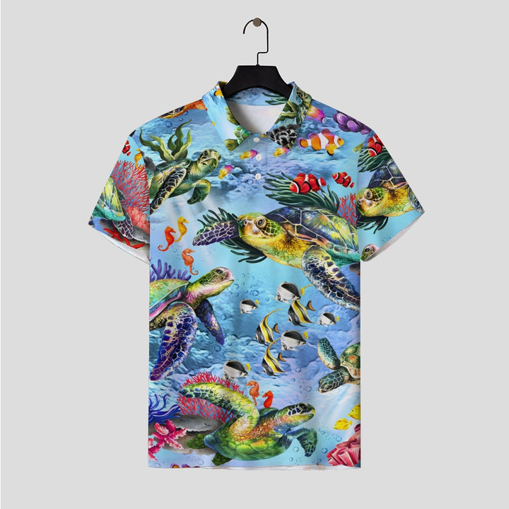 Men's Button-Down Short Sleeve Undersea World Turtle Print Polo Shirt 2312000267