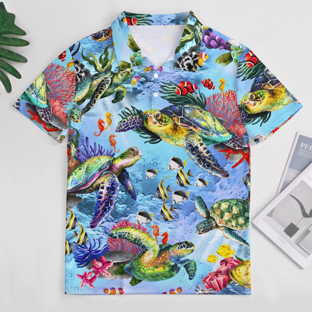 Men's Button-Down Short Sleeve Undersea World Turtle Print Polo Shirt 2312000267