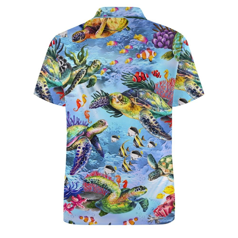 Men's Button-Down Short Sleeve Undersea World Turtle Print Polo Shirt 2312000267