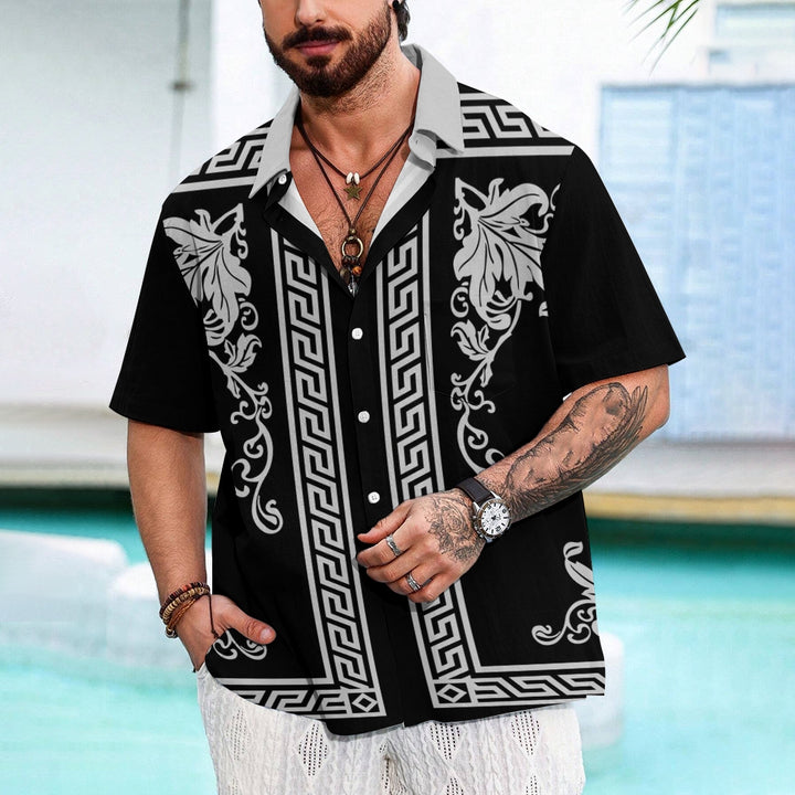 Retro Geometric Gold Floral Print  Casual Vacation Shirt 2406000698