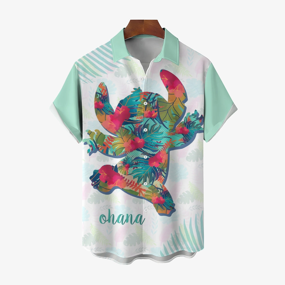 Hawaii Colorful Tropical Leaves Pattern Cartoon Character Silhouette Printed Short-Sleeved Shirt 2405002177