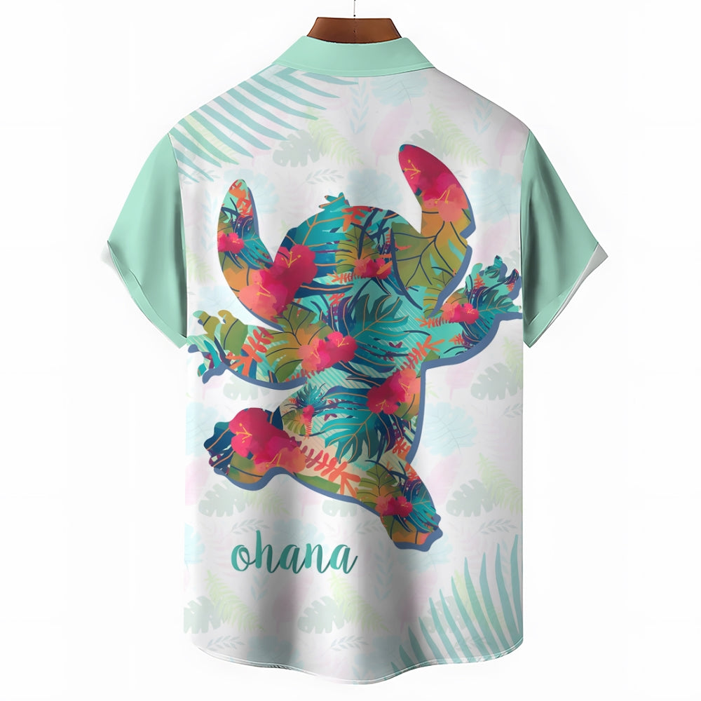 Hawaii Colorful Tropical Leaves Pattern Cartoon Character Silhouette Printed Short-Sleeved Shirt 2405002177