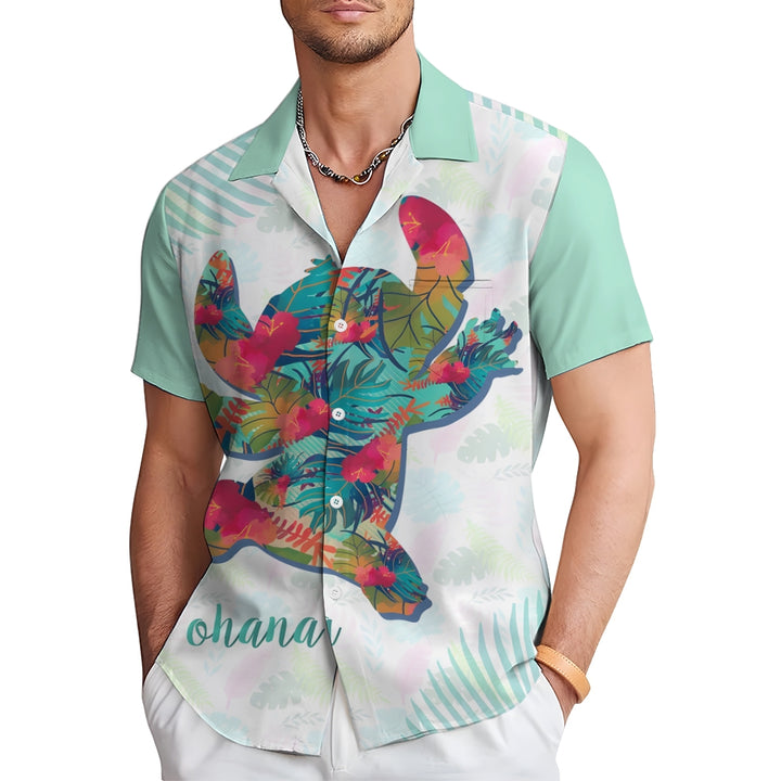 Hawaii Colorful Tropical Leaves Pattern Cartoon Character Silhouette Printed Short-Sleeved Shirt 2405002177