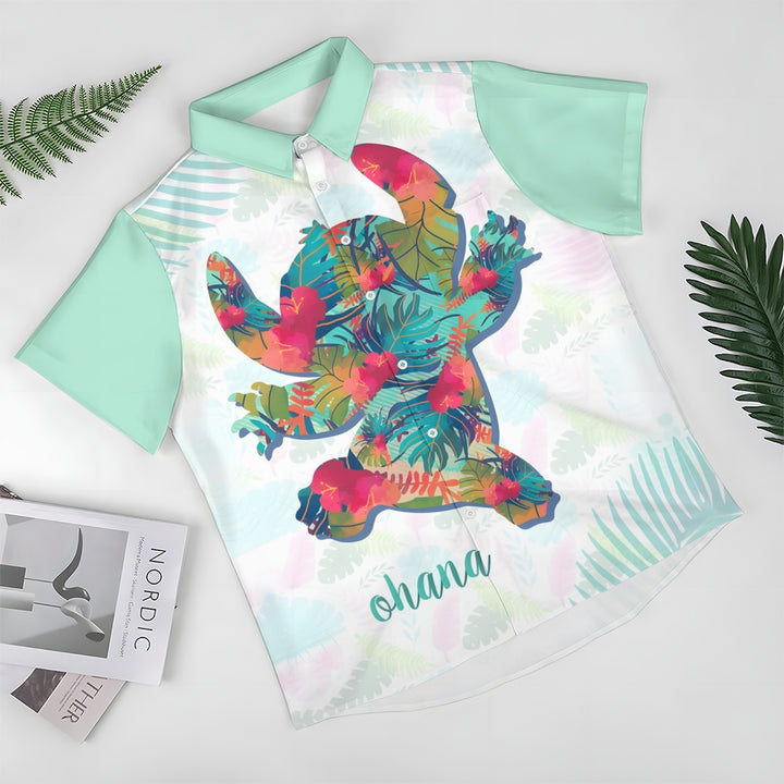 Hawaii Colorful Tropical Leaves Pattern Cartoon Character Silhouette Printed Short-Sleeved Shirt 2405002177