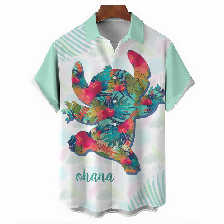 Hawaii Colorful Tropical Leaves Pattern Cartoon Character Silhouette Printed Short-Sleeved Shirt 2405002177