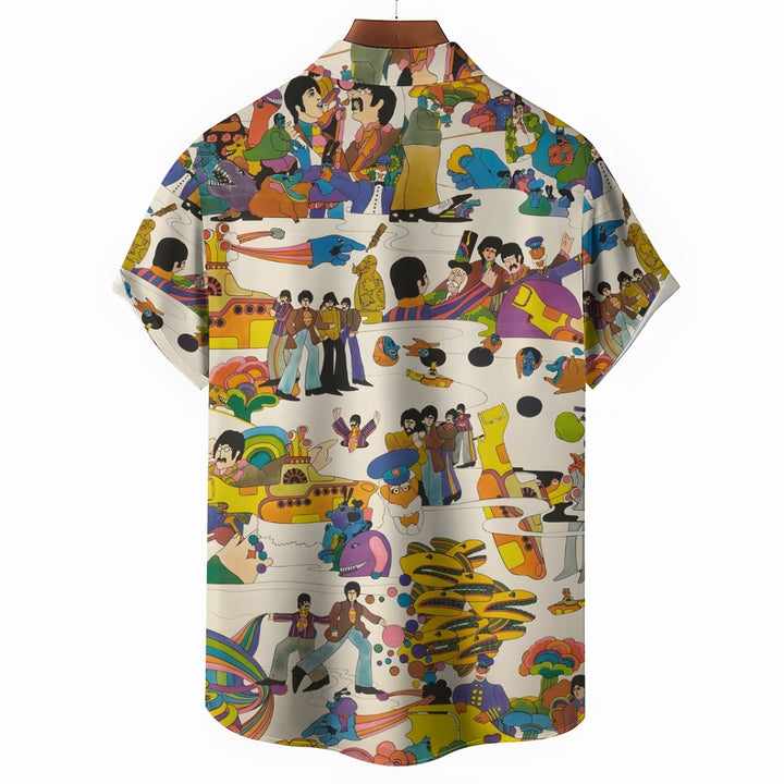 Music Band Casual Printed Chest Pocket Short Sleeved Shirt 2309000559