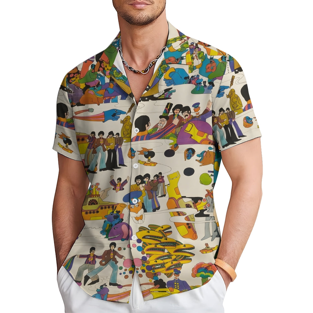 Music Band Casual Printed Chest Pocket Short Sleeved Shirt 2309000559