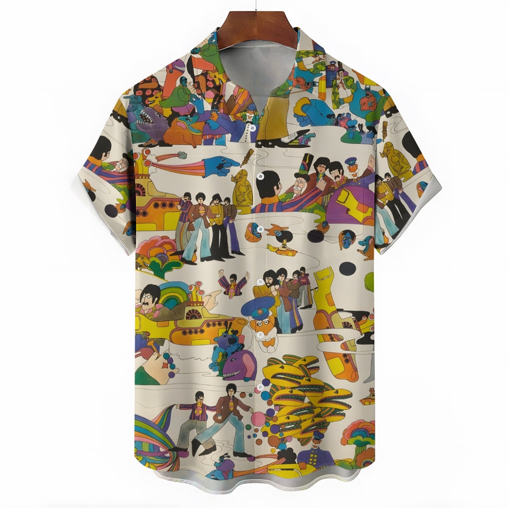 Music Band Casual Printed Chest Pocket Short Sleeved Shirt 2309000559