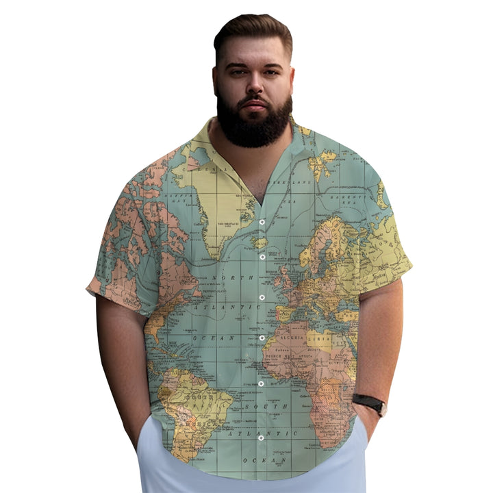 Vintage World Map Print Breathable Casual Fashion Chest Pocket Short Sleeve Shirt 2307101619