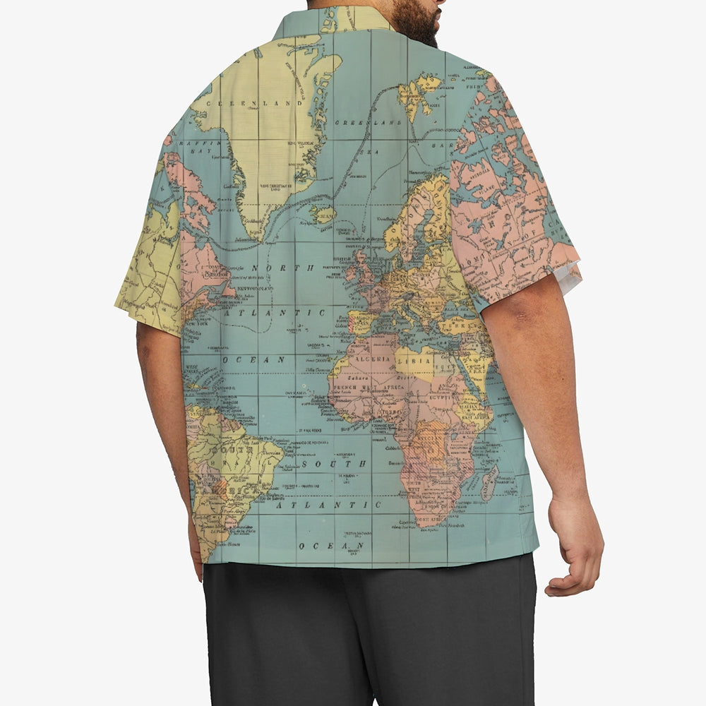 Vintage World Map Print Breathable Casual Fashion Chest Pocket Short Sleeve Shirt 2307101619