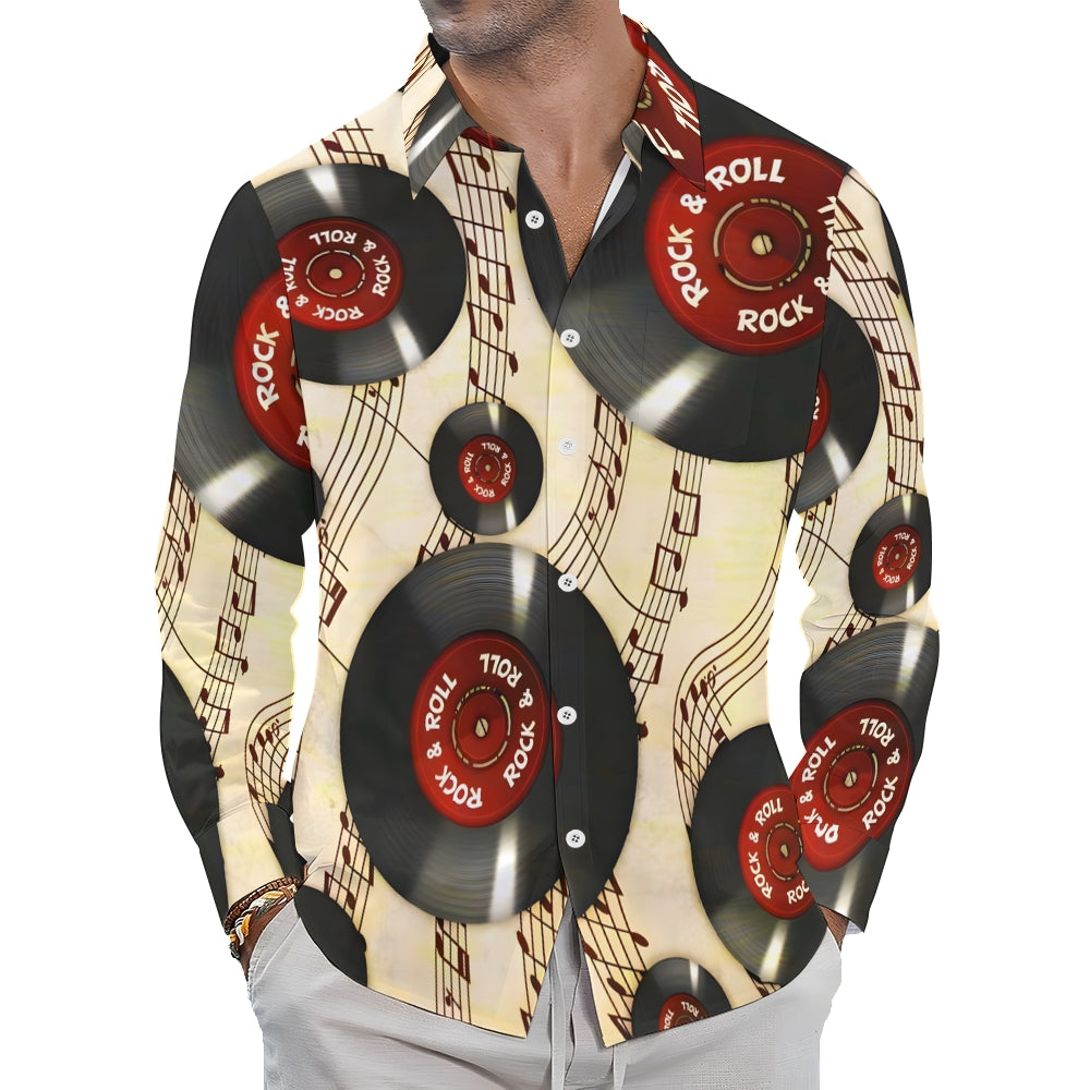 Vinyl Record Music Notes Casual Printed Long Sleeve Shirt 2402000107