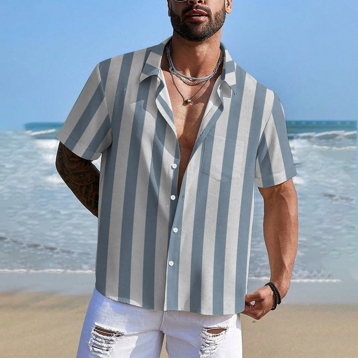 Men's Striped Print Button-Up Short Sleeve Shirt 2406000047