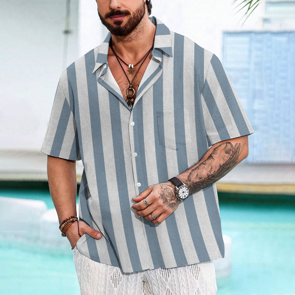 Men's Striped Print Button-Up Short Sleeve Shirt 2406000047