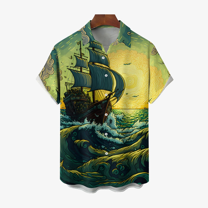 Men's Nautical Pirate Ship Casual Short Sleeve Shirt 2402000024