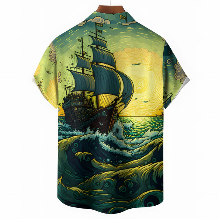 Men's Nautical Pirate Ship Casual Short Sleeve Shirt 2402000024