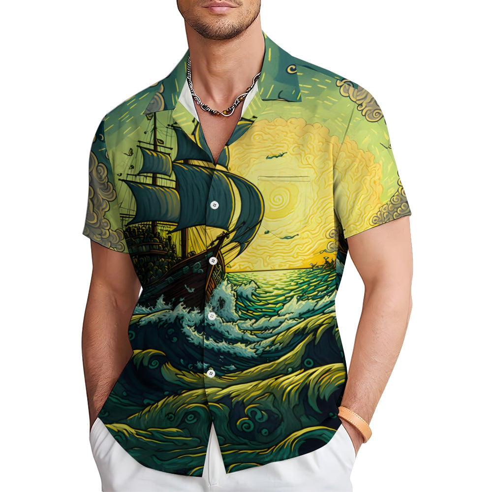 Men's Nautical Pirate Ship Casual Short Sleeve Shirt 2402000024